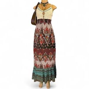 Romeo + Juliet Couture Boho Maxi Dress L | Crochet Lace Bodice Festival Dress